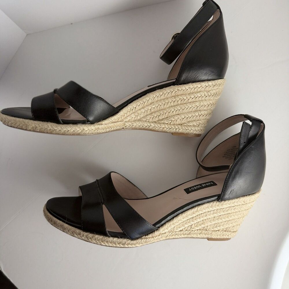 Nine West Jeranna Espadrille Wedge Sandals Black Leather Women 10 EUC - Picture 7 of 11